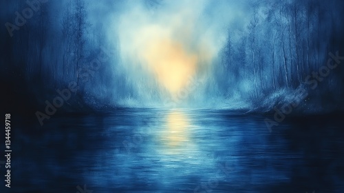 Ethereal lakes and mountains, rendered in tranquil, blended watercolors.