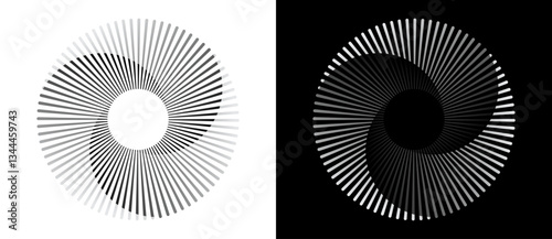 Spiral with lines in circle. Abstract geometric art line background, logo, icon, design element. A black figure on a white background and an equally white figure on the black side.