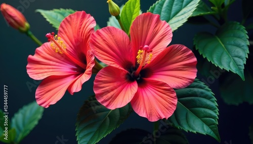 Wallpaper Mural Bold hibiscus print, stylized petals, contrasting colors, lush leaves , image, leaf Torontodigital.ca