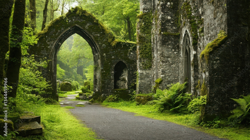 Ancient Stone Ruins Archway in Lush Green Forest
