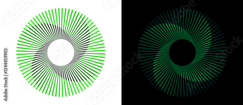 Spiral with lines in circle. Abstract geometric art line background, logo, icon, design element. A green figure on a white background and inverted colors on the black side.