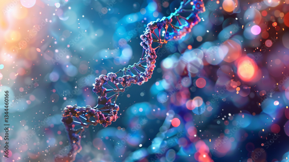 A detailed close up of a digital DNA helix with sparking particles. A detailed close up of a digital DNA helix with sparking particles.