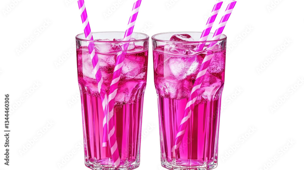Refreshing Pink Beverage in Two Tall Glasses with Striped Straws and Ice Cubes Refreshing Pink Beverage in Two Tall Glasses with Striped Straws and Ice Cubes