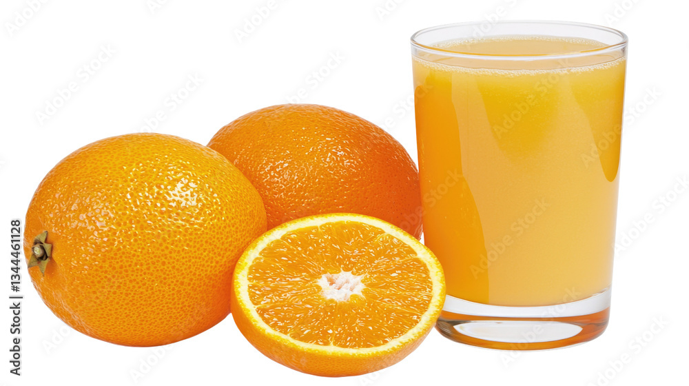 Fresh Orange Juice with Whole Fruits Displayed on White Background for Refreshing Beverage Concepts Fresh Orange Juice with Whole Fruits Displayed on White Background for Refreshing Beverage Concepts