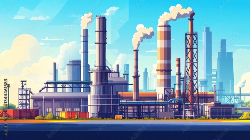 Obraz premium Industrial Complex Skyline, Modern Manufacturing Plant with Tall Chimneys and Smoke Stacks