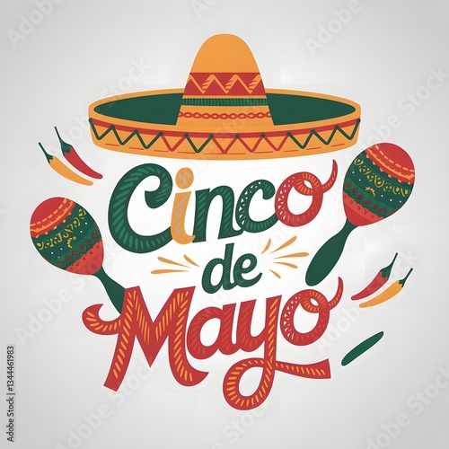 Cinco de Mayo Celebration with Festive Mexican Decorations, Colorful Papel Picado, Sombrero, Maracas, Tacos, and Mariachi Music – Vibrant Holiday Background for Posters, Banners, and Invitations