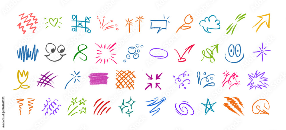 Hand Drawn Crayon Doodle, Effect Illustrations, Design Element Vector Set Hand Drawn Crayon Doodle, Effect Illustrations, Design Element Vector Set