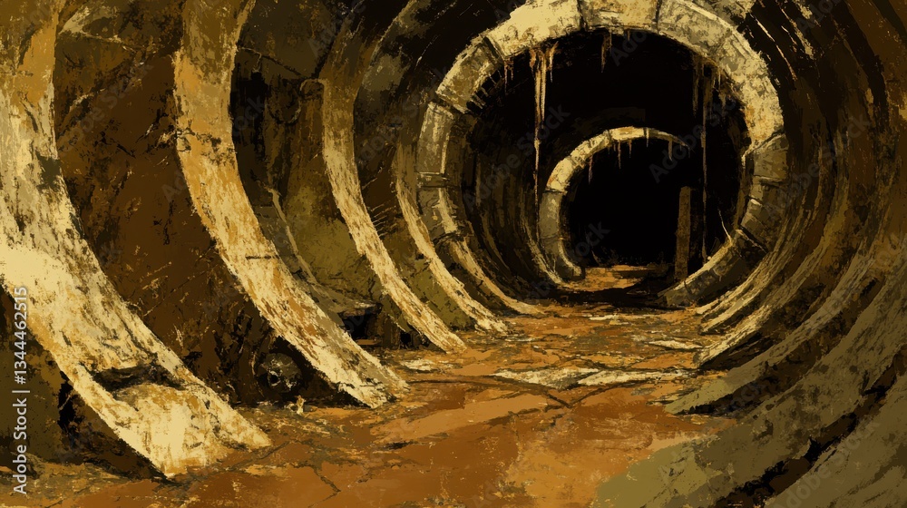 Naklejka premium A dark tunnel entrance with spiral stone and aged structures