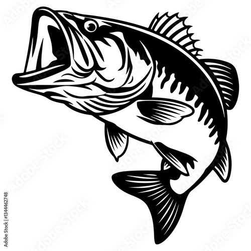Largemouth Bass Illustration: Black and White Fishing Vector Design, Fish Icon