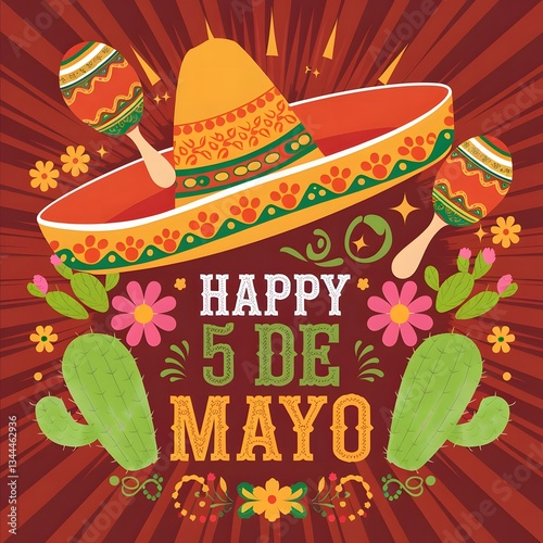 Cinco de Mayo Celebration with Festive Mexican Decorations, Colorful Papel Picado, Sombrero, Maracas, Tacos, and Mariachi Music – Vibrant Holiday Background for Posters, Banners, and Invitations