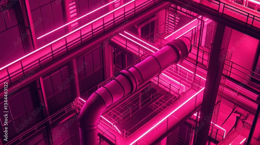 Naklejka premium Futuristic building interior with neon lights and metal pipes and walkways