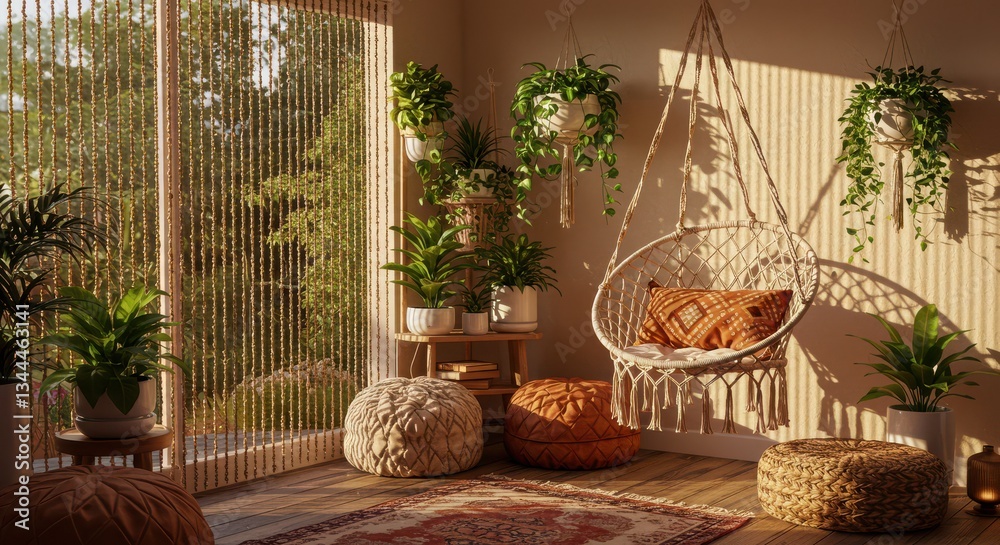 Fototapeta premium Indoor Bohemian Space with Plants, Hanging Chair, and Natural Light