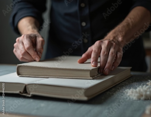 Crop of man making book cover in workshop. Male hands work on open book hardcover. Artisan creates hand-made book. Hobby occupation, bookbinding concept. Skilled person working with literature.