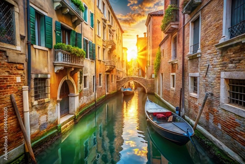 Venetian Canal: Narrow Passage with Two Boats, Italy