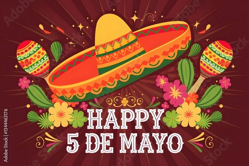 Cinco de Mayo Celebration with Festive Mexican Decorations, Colorful Papel Picado, Sombrero, Maracas, Tacos, and Mariachi Music – Vibrant Holiday Background for Posters, Banners, and Invitations