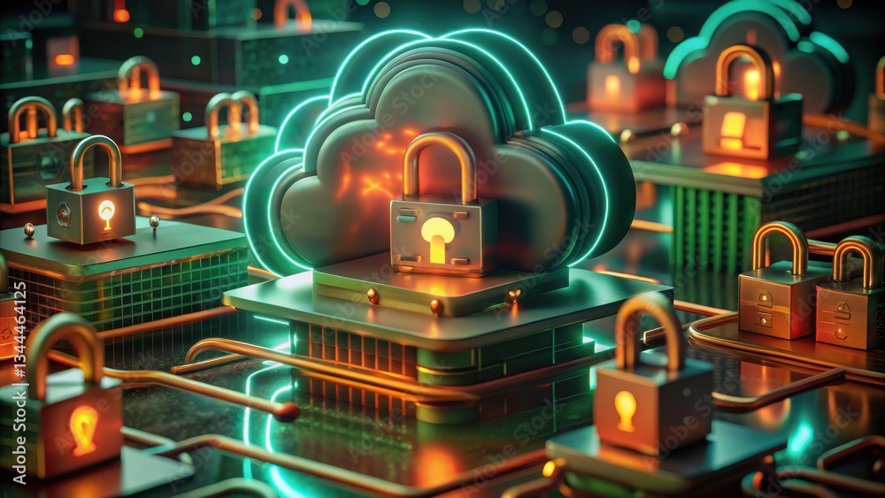 Fototapeta premium Cloud Computing Digital locks represent cybersecurity in a cloud computing landscape with vibrant colors.