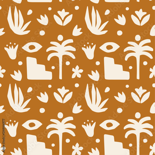 Abstract cutouts shapes seamless pattern design with vector illustration elements of different types exotic leaves, palm tree, folk plants, geometric silhouette in boho aesthetic