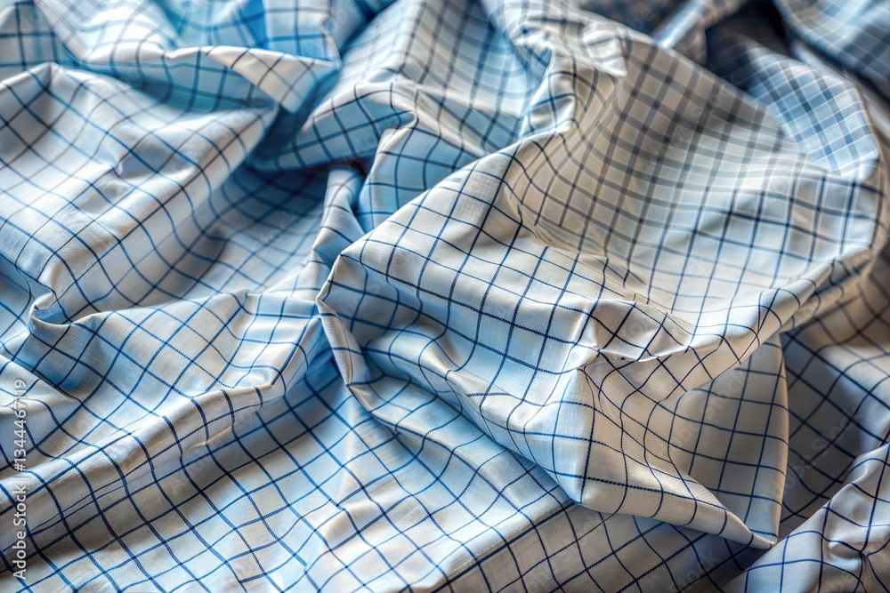 Crumpled blue gingham fabric texture abstract background
