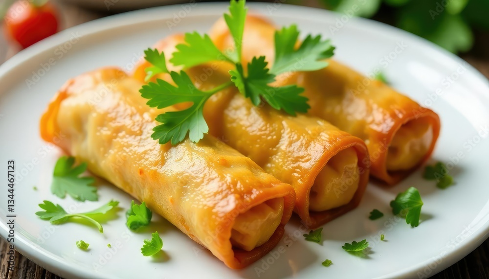 Crispy spring rolls, garnished cilantro, ginger, white plate, snack, plate, chinese food Crispy spring rolls, garnished cilantro, ginger, white plate, snack, plate, chinese food