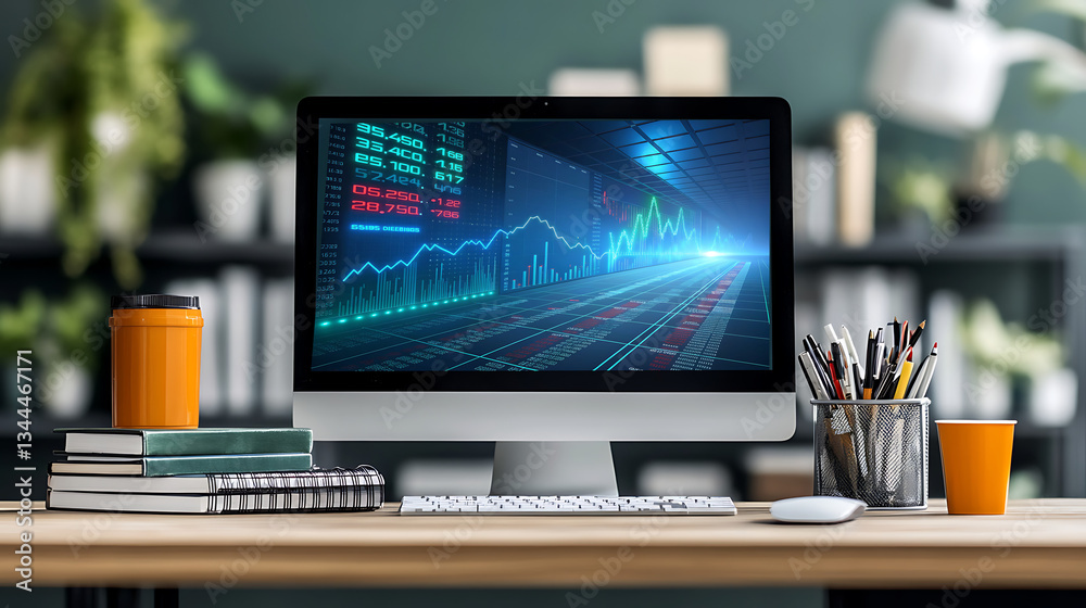 Modern workspace with computer displaying financial stock market data and analytics Modern workspace with computer displaying financial stock market data and analytics