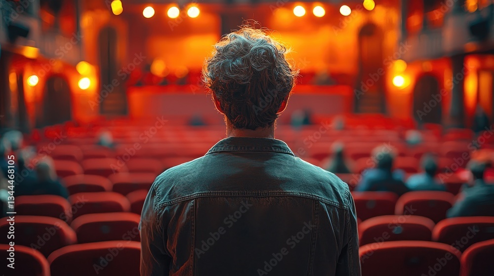Fototapeta premium Person observing a performance in a theater filled with red seats and warm lighting