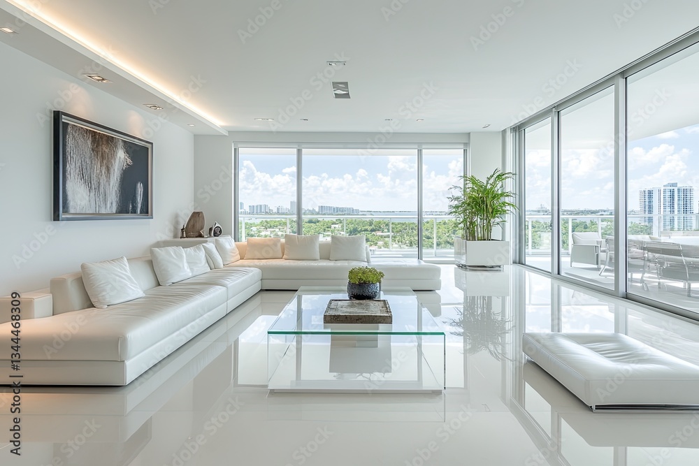 Fototapeta premium Modern, airy living room with city views
