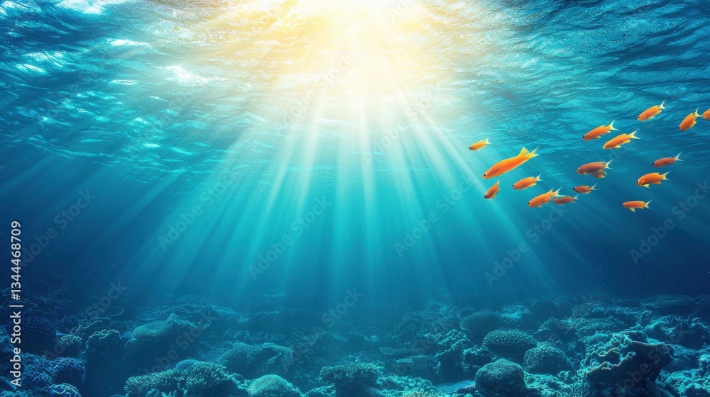 Obraz premium Vibrant Underwater Scene with Sunlight and Tropical Fish Swimming