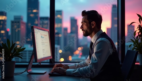 Economist in disguise working on computer with cityscape outside office window, window, computer