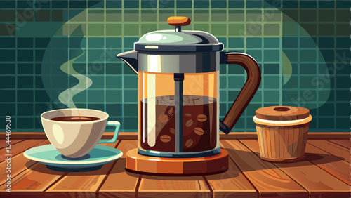 vintage French press with freshly brewed coffee, placed on a rustic wooden counter