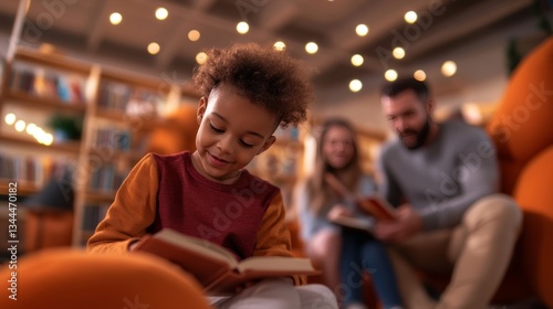 Wallpaper Mural Young Black girl engrossed in a book, surrounded by family in a warm library setting. Torontodigital.ca