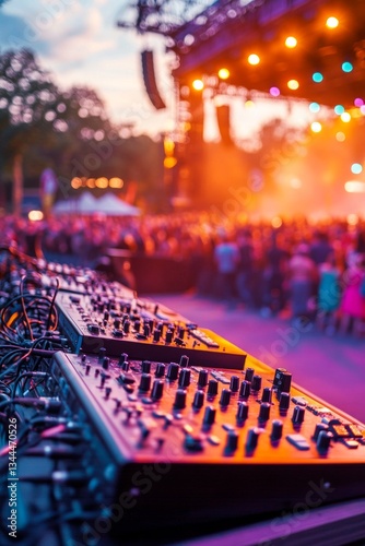 DJ mixer at outdoor music festival. Warm sunset light bathes the crowd.