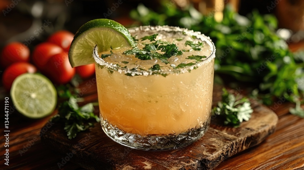 Refreshing cocktail with lime and herbs on wooden table, vibrant background Refreshing cocktail with lime and herbs on wooden table, vibrant background