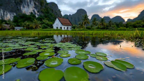 Tranquil lotus pond with water lilies at sunset, dramatic limestone mountains and traditional house surrounded by palm trees in rural Asian landscape.