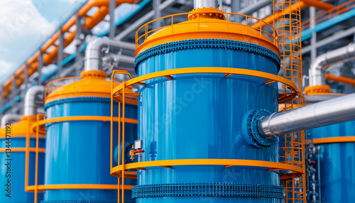 Bright blue tanks with orange accents in biofuel processing plant showcase industrial design and technology