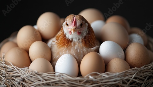 A chicken is laying on top of a basket full of eggs