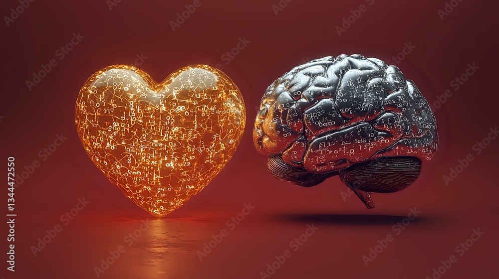 Glowing golden heart and metallic brain floating on red background illustrates emotional intelligence and mind-heart connection in decision making process. Glowing golden heart and metallic brain floating on red background illustrates emotional intelligence and mind-heart connection in decision making process.
