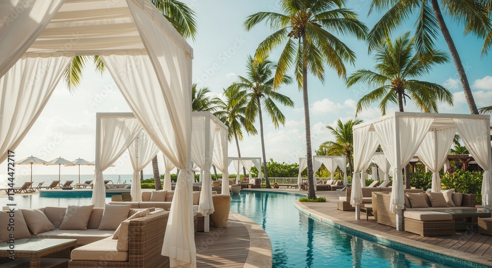 Fototapeta premium Luxury Resort Poolside Cabanas with Palm Trees on Tropical Vacation
