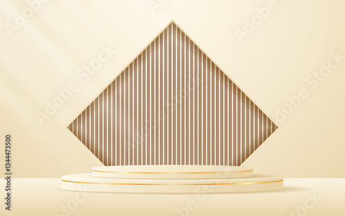Cream podium with elegant gold lines and a brown slatted backdrop set in a square window for displaying advertisements. Display of cosmetic products. Stage or podium. vector illustration	