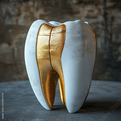 This stock image features a realistic 3D render of a human molar tooth positioned on a table