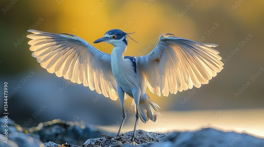 Majestic bird spreading its wings near a serene water body at sunset Majestic bird spreading its wings near a serene water body at sunset