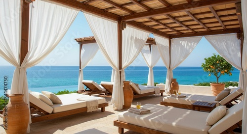 Luxury Resort with Ocean View and Loungers in Shaded Cabanas