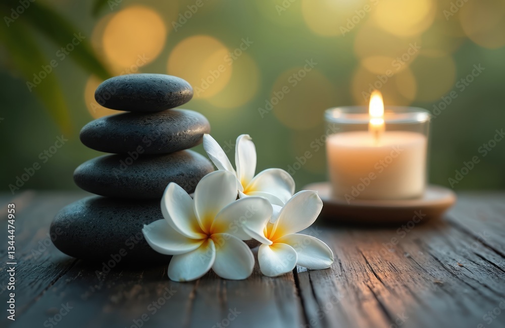 Spa still life composition with stones pyramid, frangipani plumeria flowers and candle. Zen like mood is perfect for wellness presentation, relax, therapy, massage and body care. Spa still life composition with stones pyramid, frangipani plumeria flowers and candle. Zen like mood is perfect for wellness presentation, relax, therapy, massage and body care.