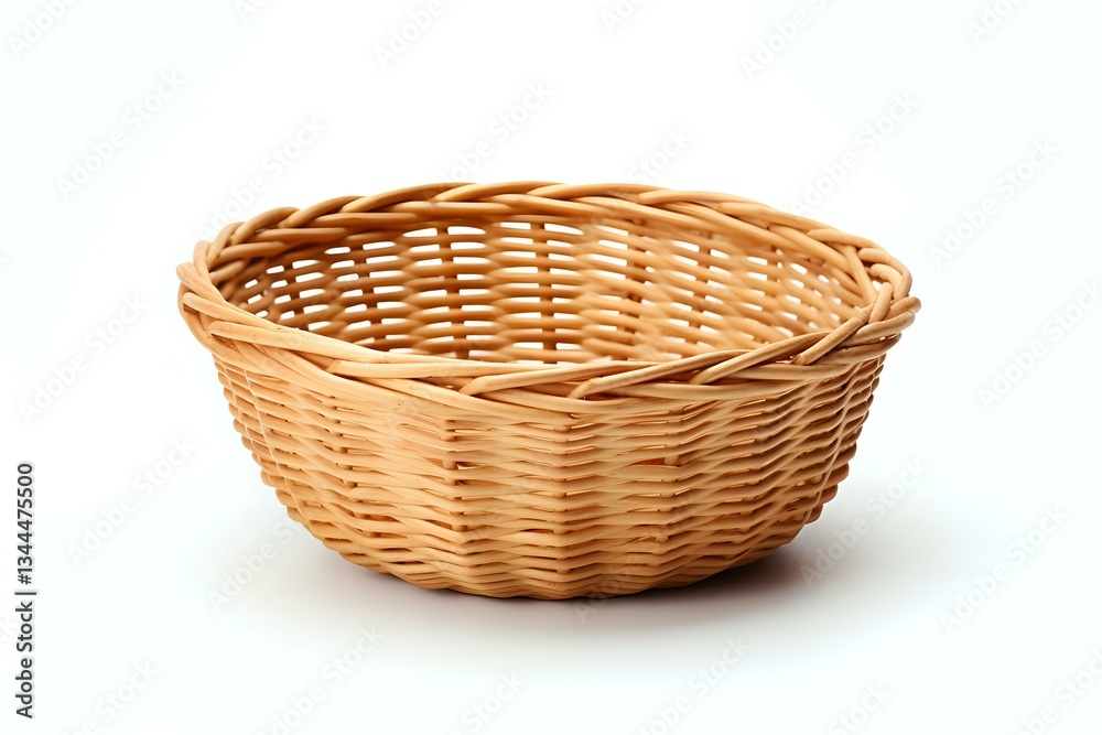 Empty woven wicker basket with round shape isolated on white background. Traditional handcrafted rattan container for bread, fruits or storage. Empty woven wicker basket with round shape isolated on white background. Traditional handcrafted rattan container for bread, fruits or storage.