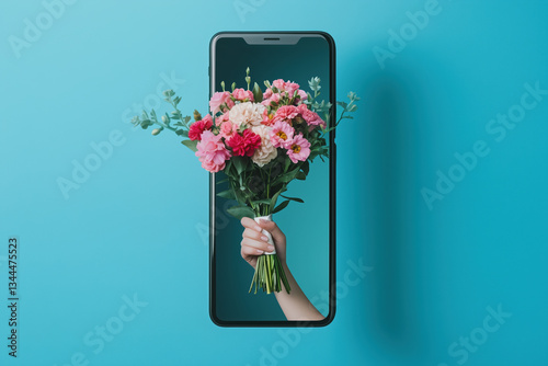 Hand extends bouquet of flowers from smartphone screen. Virtual congratulations or ordering bouquets online