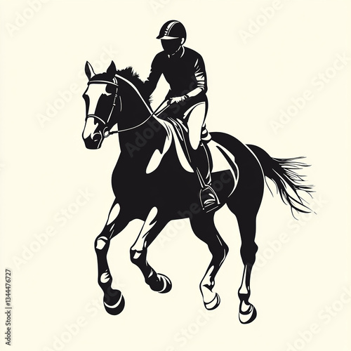 Equestrian silhouette of a horse and rider in stark black and white tones photo