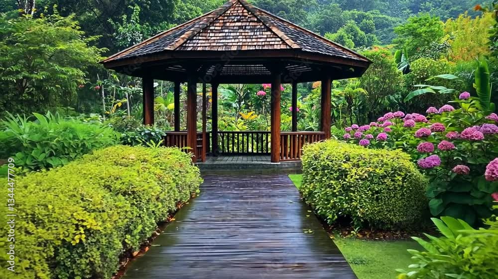 Serene Gazebo Retreat: A Tranquil Escape Amidst Lush Floral Gardens and Tropical Scenery