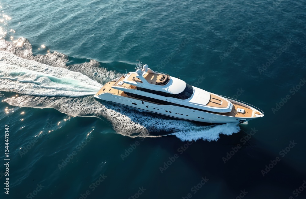 Naklejka premium Aerial view of super yacht sailing in blue sea. Luxury motorboat cruise vacation, expensive nautical transport. Rich lifestyle concept, summer holidays at ocean. Sea travel, water leisure, private