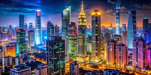 Vibrant Night Cityscape: Glowing Skyscrapers & Urban Lights