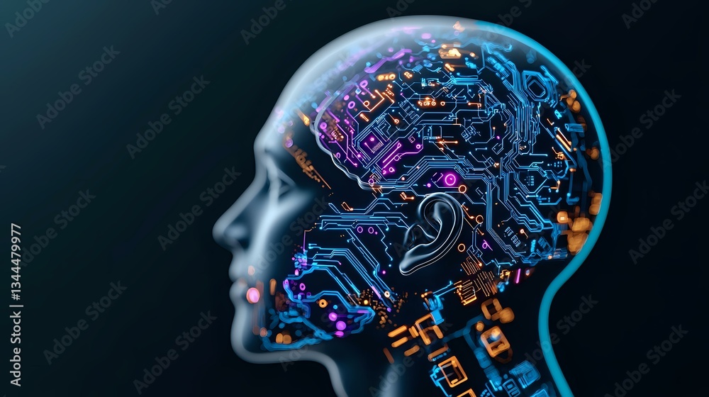 Obraz premium Futuristic human head profile with glowing circuit patterns and digital elements in blue and purple neon colors showing artificial intelligence concept.