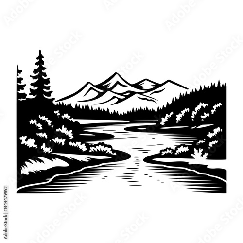 River Scene. Mountain landscape with a flowing river. Tall pine trees frame the scene, while majestic mountains rise in the background. Vector illustration